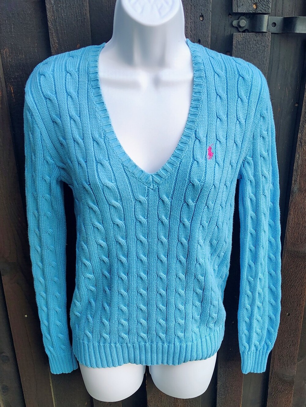 Ralph Lauren Sky Blue Cable-Knit V-Neck Sweater